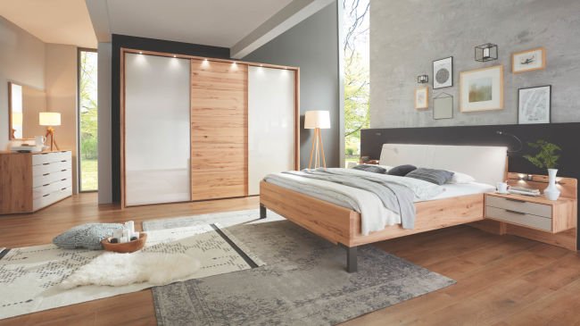 LIVORNO 7823 19 Astkernbuche Gl.Champ.SWT300cm m.PPT+Bel Bett 180x200cm Naka schw. 2SK Kommode