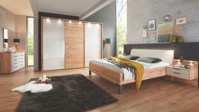 LIVORNO 7825 19 Astkernbuche Gl.Champ.SWT300cm m.PPT+Bel Bett 180x200cm Rautensteppung Naka schw. 2S